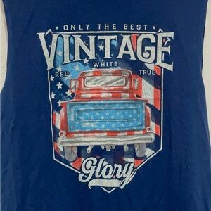 Patriotic Blue and Red Tank Top with Vintage Graphics